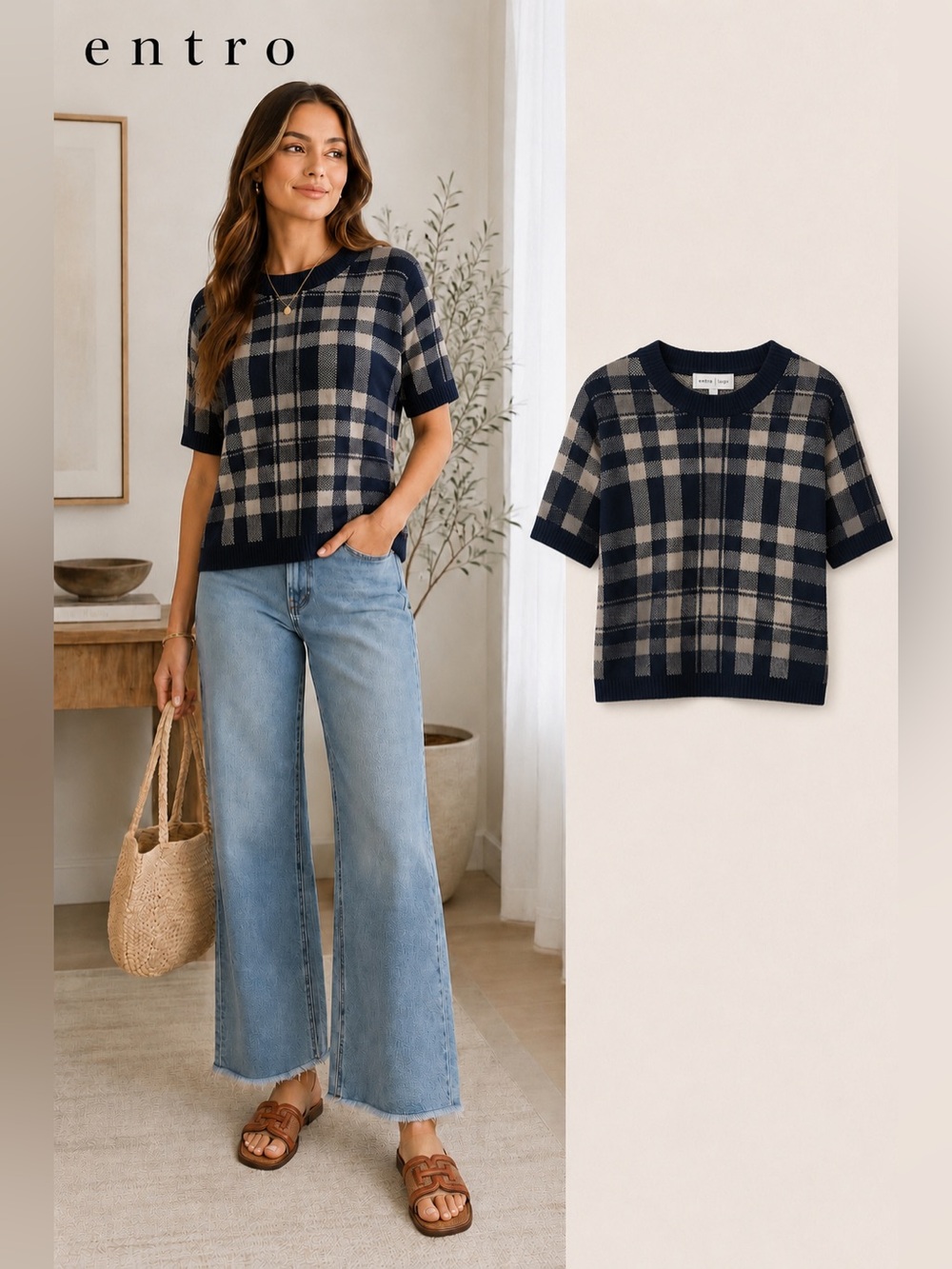 NWT Entro Navy & Cream Plaid Short Sleeve Sweater | Size L